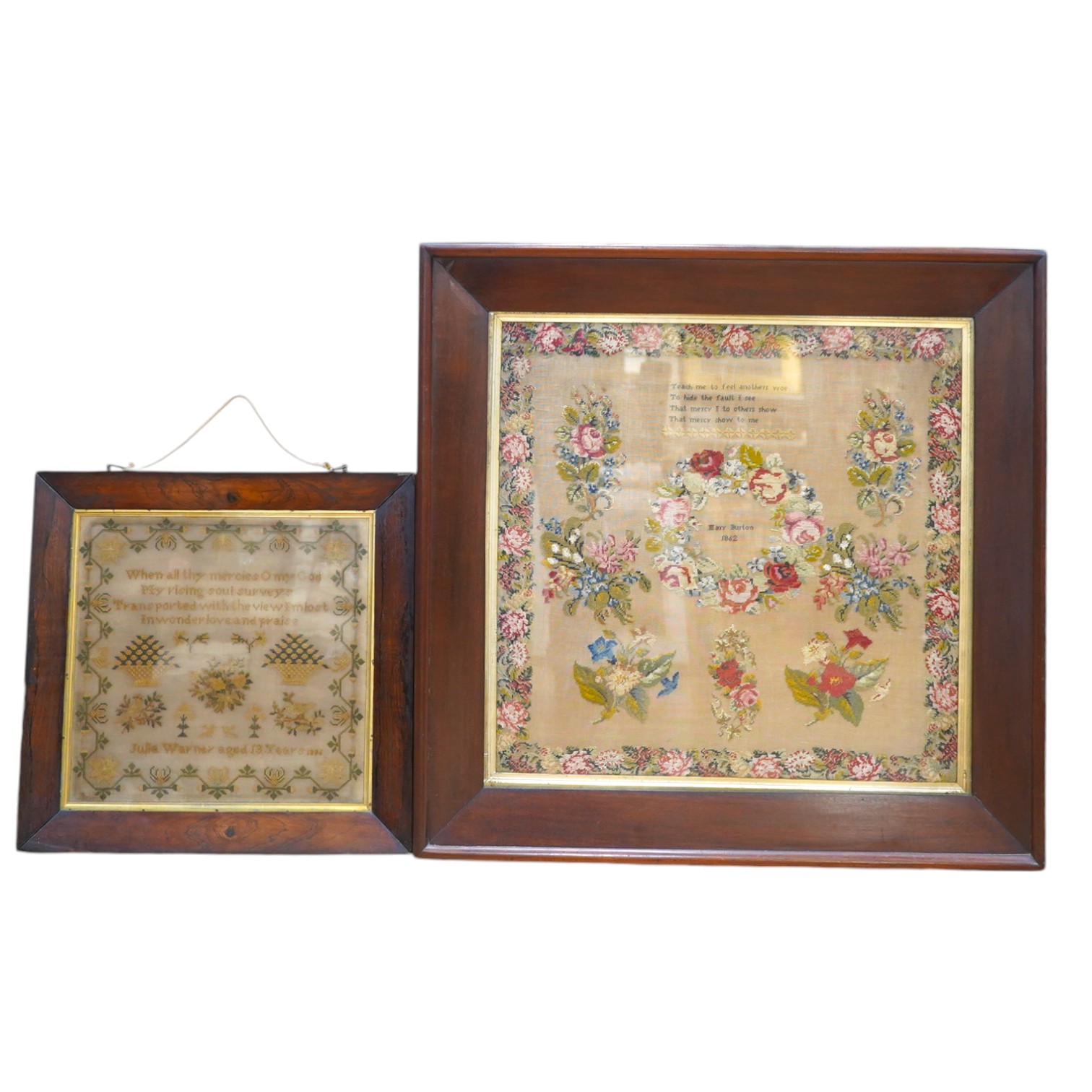 Two Victorian framed samplers; a large colourful floral sampler with short verse by Mary Burton 1862 and a smaller sampler by Julia Warner aged 13, dated 1846?, large 1862 sampler 59cm wide x 61cm high. Condition - large